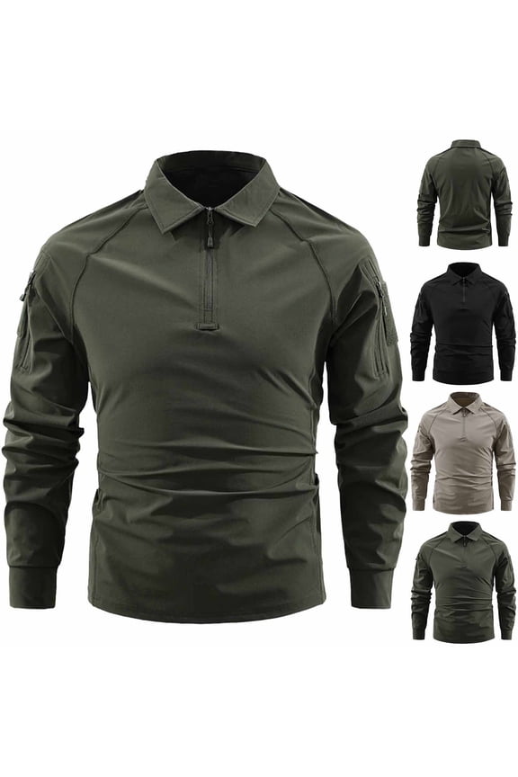 Men's Polo Shirts Quater Zipper Quick Dry Performance Long Sleeve Outdoors Tactical Shirts Pique Jersey Golf Shirt Size M-4XL Army Green