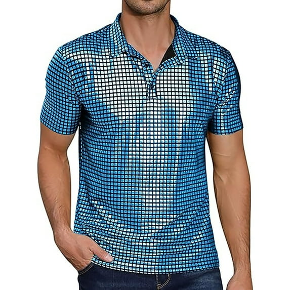 Men's Polo Shirts Relaxed Short Sleeve Turndown Sparkle Sequins 70s Disco Nightclub Party Shirt Tops