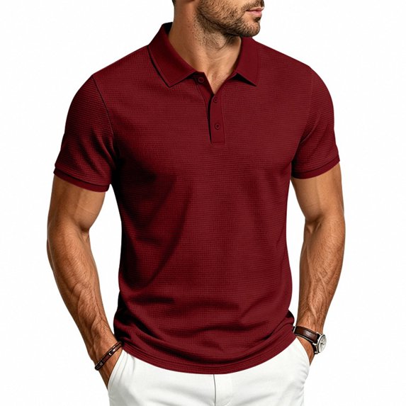 Men's Polo Shirts Short Sleeve Breathable Solid Color Waffle Casual Collared T-Shirt, L