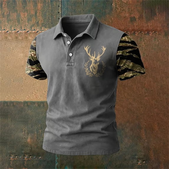 Men's Polo Shirts Short Sleeve Button Collared Top Cowboy Summer Sports Golf Shirts Grey L
