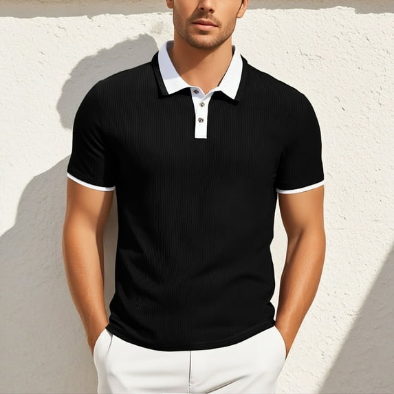 Men’s Polo Shirts Short Sleeve Button Up Slim Fit Summer Shirts Black Golf Shirts