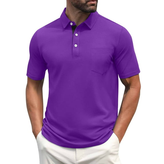 Men's Polo Shirts Short Sleeve Casual Shirts with Pocket Purple L