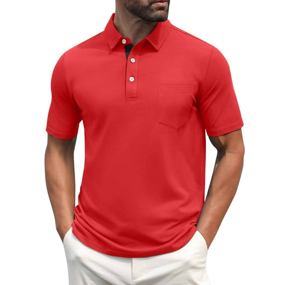 Men's Polo Shirts Short Sleeve Casual Shirts with Pocket Red M