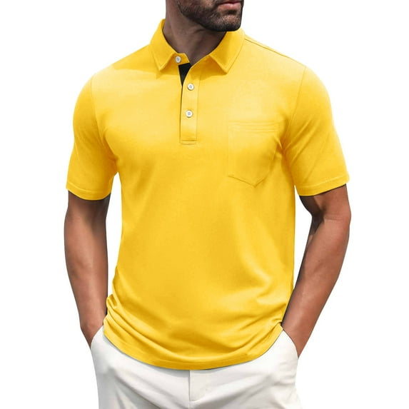 Men's Polo Shirts Short Sleeve Casual Shirts with Pocket Yellow M