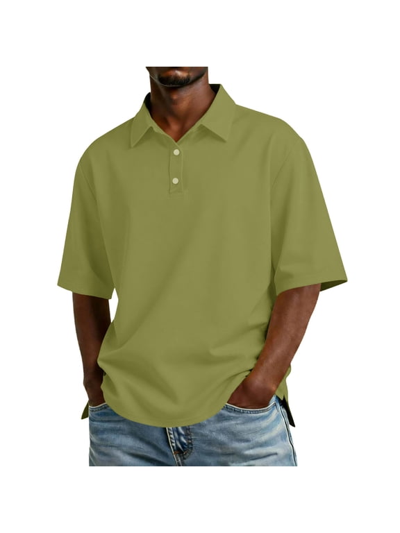 Men's Polo Shirts Short Sleeve Cotton 3 Buttons Golf Classic Fit Casual Performance T-Shirt Army Green L