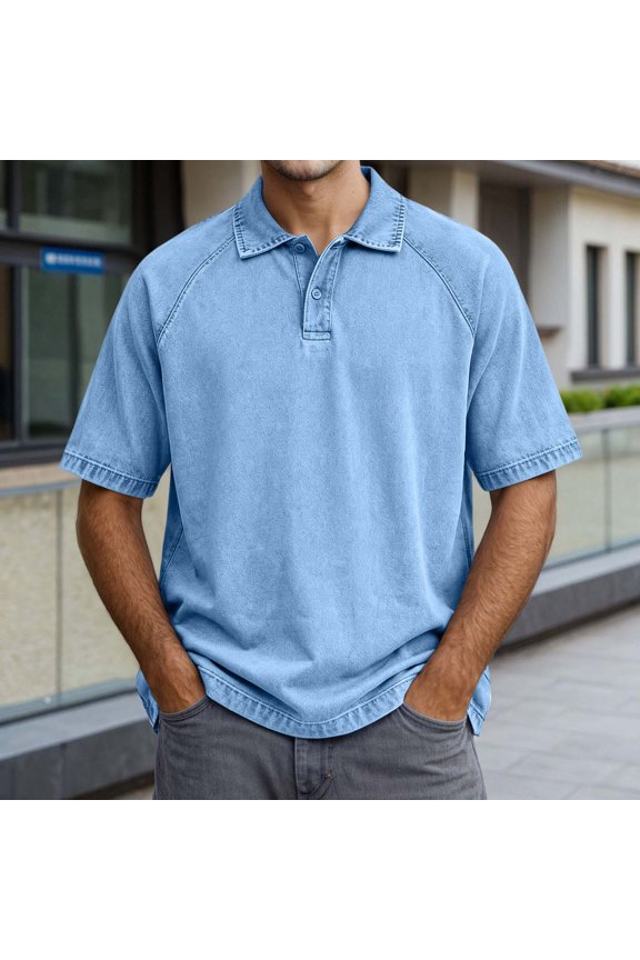 Men’s Polo Shirts Short Sleeve Quarter Button Up Tees Shirt Basic Sky Blue Casual Shirts for Men