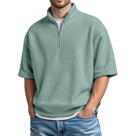 Men's Polo Shirts Short Sleeve Quarter Zipper Tee Shirt Basic Green Golf Shirt for Man