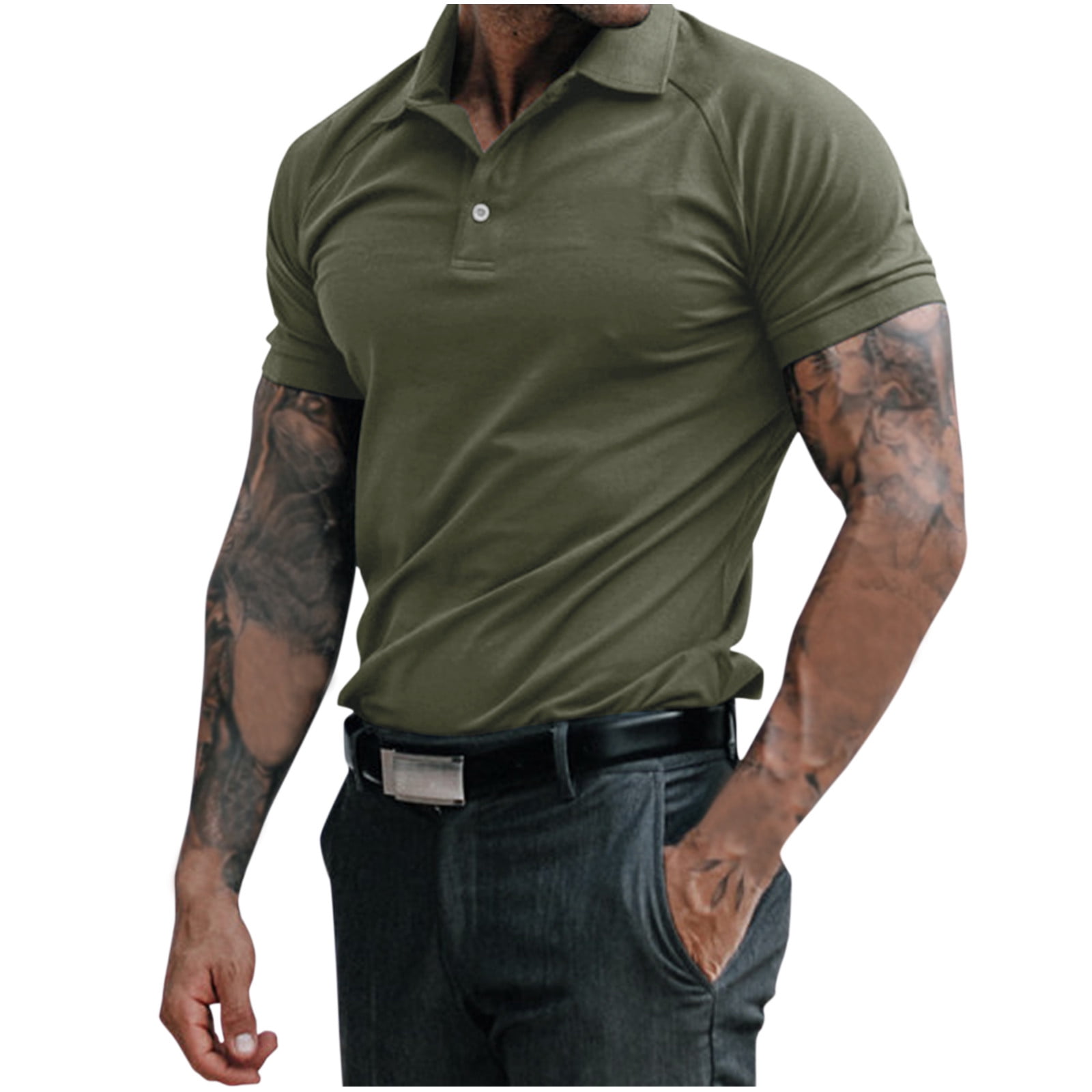 Men's Polo Shirts Short Sleeve Tops Army Green L - Walmart.com