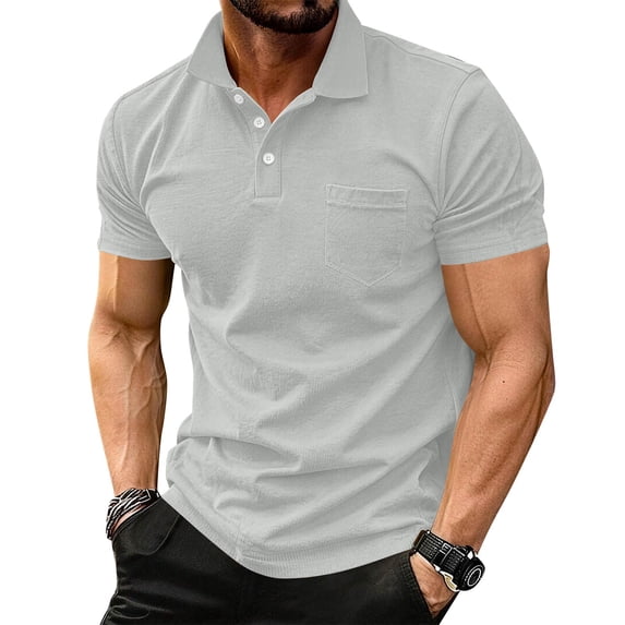 Men's Polo Shirts Short Sleeve with Pocket Cotton Pique T-Shirts 3 Buttons Casual Polo Moisture Wicking Golf Shirts Light Gray S