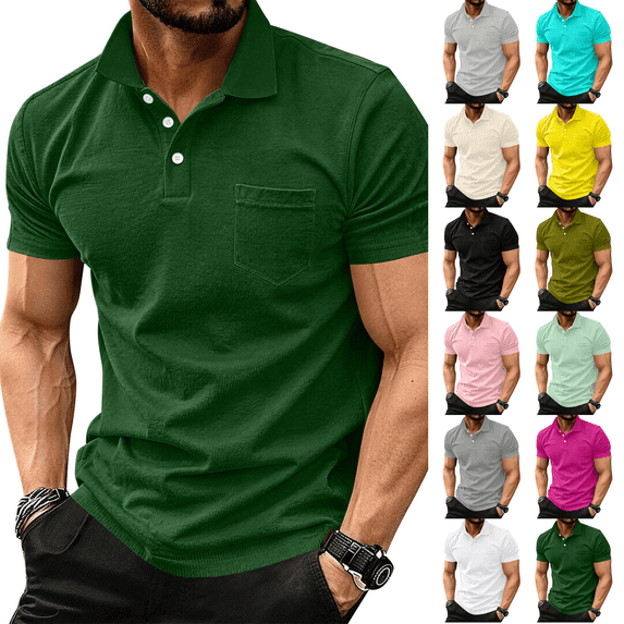 Men's Polo Shirts Short Sleeve with Pocket Cotton Pique T Shirts Buttons Casual Polo Moisture Wicking Golf Shirts Dark Green L