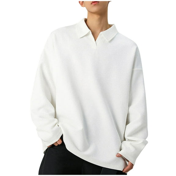 Men's Polo Shirts Solid Color Long Sleeve Loose Fit Pullover Casual Mock Neck Texture Blouse
