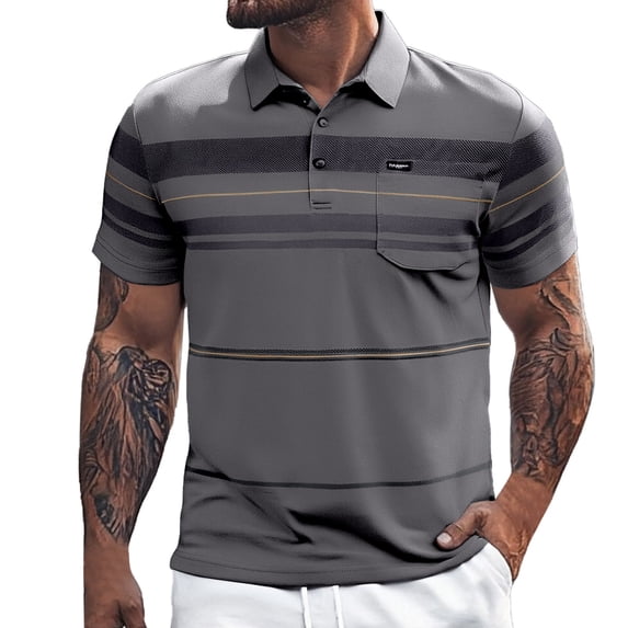 Men's Polo Shirts Striped Button Collared Short Sleeved Top with Pocket Casual Loose Comfortable Trendy Business Shirts for Men