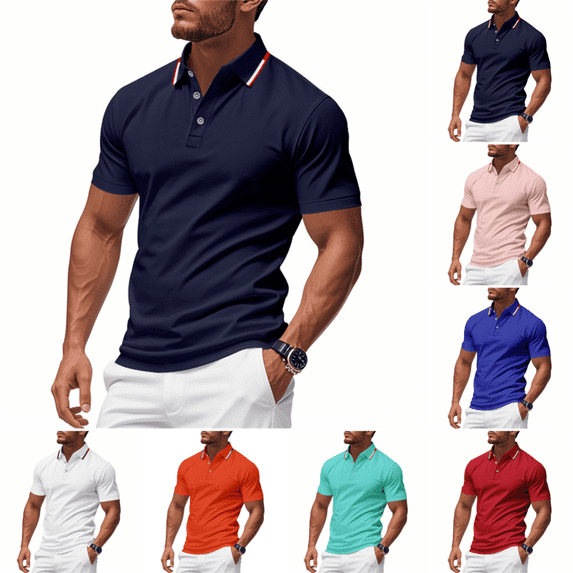 Men's Polo Shirts Stylish Casual Short Sleeve Collared T Shirts Summer Business Active Regular Fit Pure Color Golf Shirts Navy 3XL