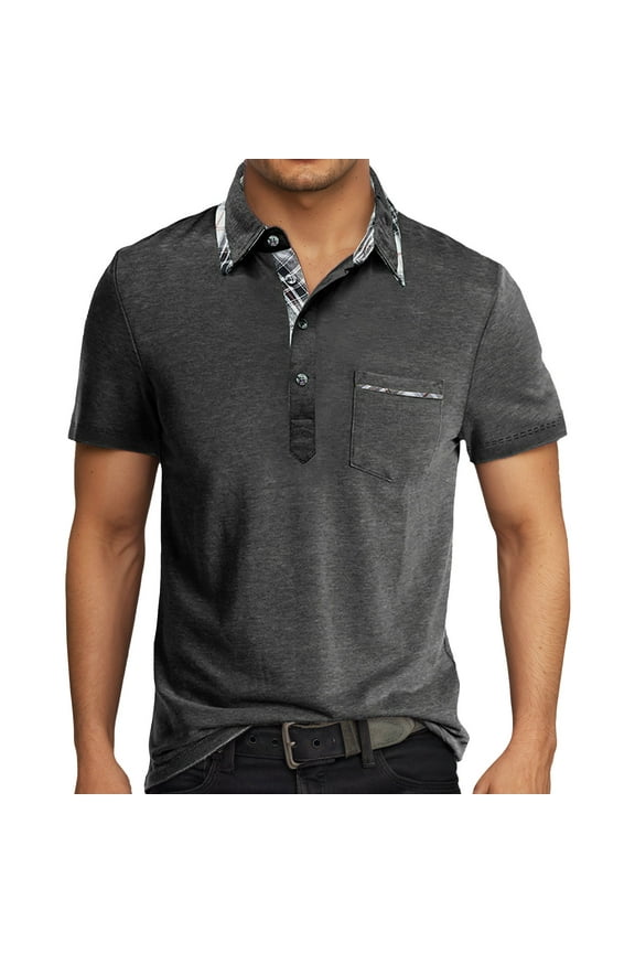Men's Polo Shirts Summer Business Dressy Short Sleeve Button Up Collared Tops with Pocket Lightweight Breathable Loose Fit T Shirts for Man Grey L