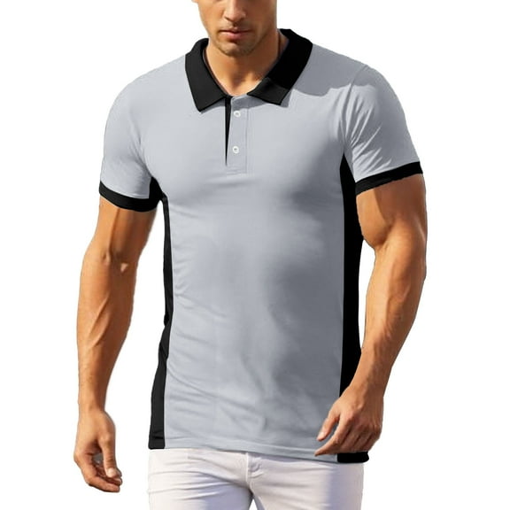 Men's Polo Shirts Summer Color Matching Short Sleeve Button Up Lapel Breathable Tops Casual Trend Slim Fit T Shirts for Man Grey M