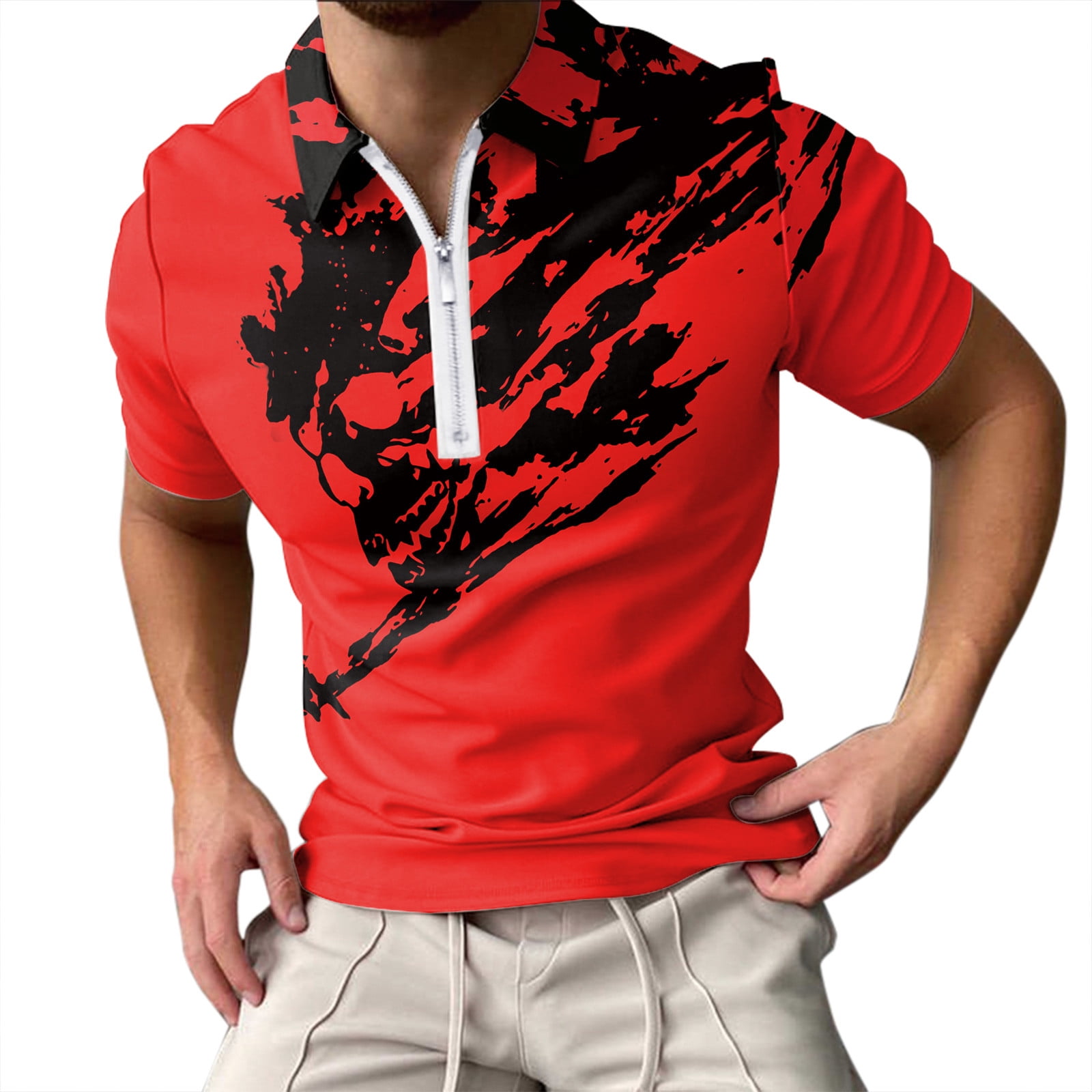 Men's Polo Shirts Summer Fashion Casual Printed Zipper Turndown Collar
