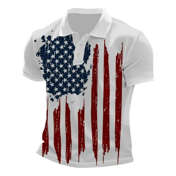 Men's Polo Shirts Summer Flag Printed Short Sleeve Button Up Collared Tops Casual Sport Breathable Workout Mens Dress Shirts White L