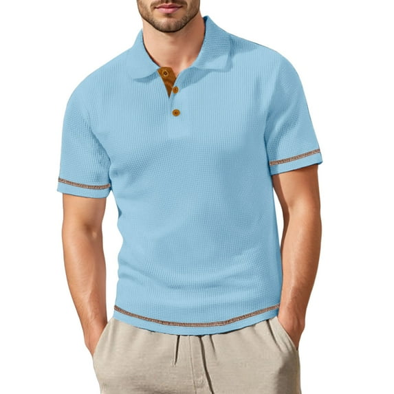 Men's Polo Shirts Summer Mesh Ice Silk Solid Color Short Sleeve Button Lapel Breathable Tops Lightweight T Shirts for Man Light Blue L