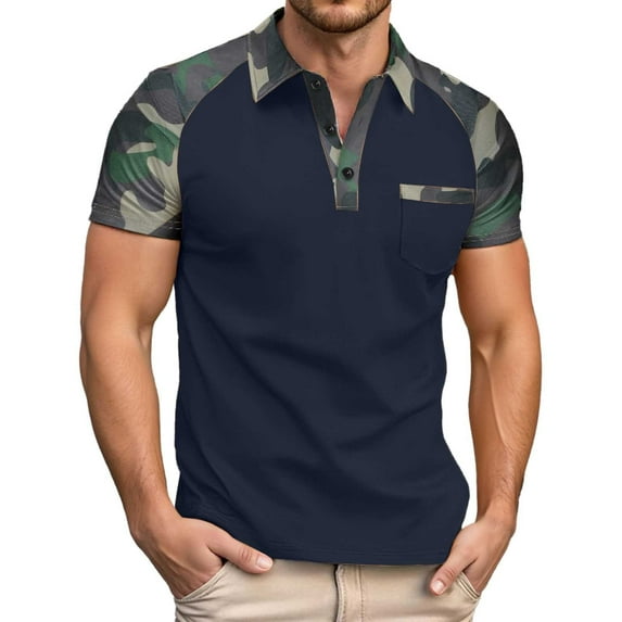 Men's Polo Shirts Summer Stylish Camo Color Matching Short Sleeve Zipper Lapel Pocket Tops Outdoor Casual Comfortable T Shirts for Man Navy XL