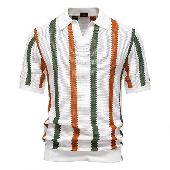 Men's Polo Shirts Vintage Striped Knitting T Shirts Casual Slim Pullover Short Sleeve Summer Fashion Tops
