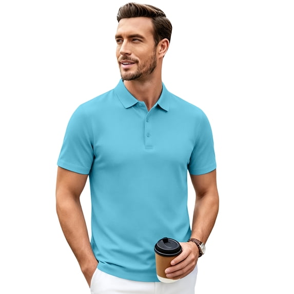 Men's Polo Short Sleeve Shirts Moisture Wicking Quick Dry Collared Solid Color Shirt Classic Fit Business Casual Tops Sky Blue M