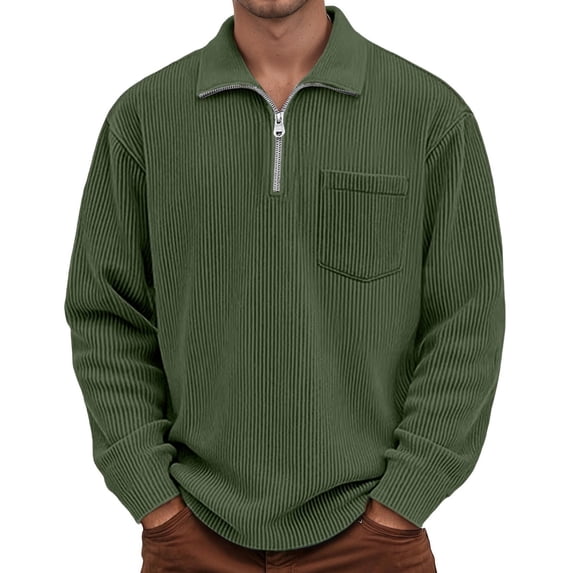 Men's Polo T Shirts Long Sleeve Quarter Zip Corduroy Tees Shirt Slim Fit Green Mens Work Shirts