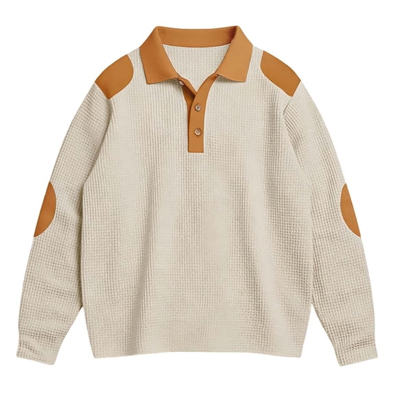 Men's Polo T Shirts Long Sleeve Waffle Tees Shirts Loose Fit Beige Mens Casual Dress Shirts