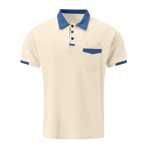 Men's Polo T Shirts Short Sleeve Button Tee Shirts Lightweight Beige Dress Shirts for Man
