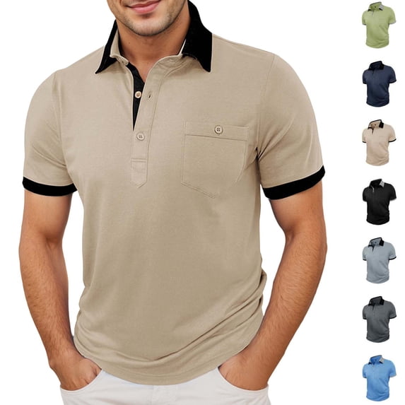 Men's Polo T Shirts Short Sleeve Button Up Basic Summer Shirts Beige Mens Casual Dress Shirts