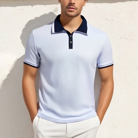 Men's Polo T Shirts Short Sleeve Button Up Slim Fit Summer White Mens Golf Shirt