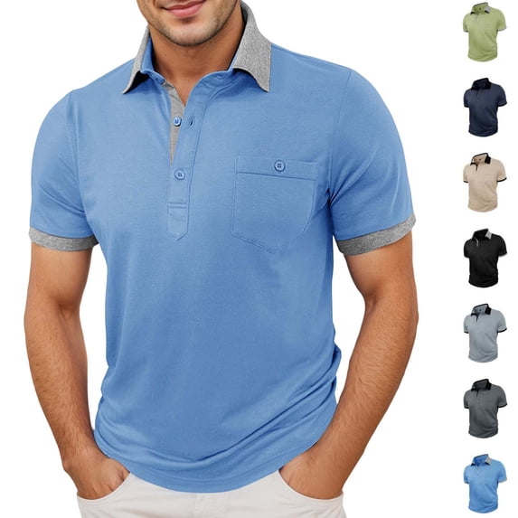 Men's Polo T Shirts Short Sleeve with Button Basic Summer Shirt Blue Mens Golf Shirt