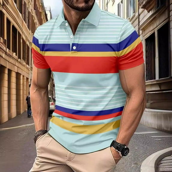 Men's Polos Short Sleeve Red And Blue Stripe Streak Lapel Short Sleeve Pol Shirt Fallow Color Contrast Pol Shirt