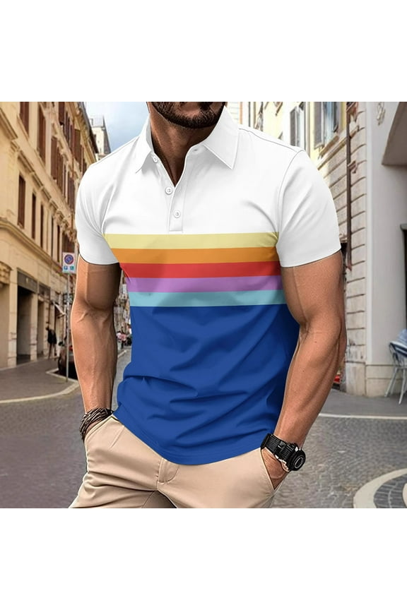 Men's Polos Short Sleeve Red And Blue Stripe Streak Lapel Short Sleeve Pol Shirt Fallow Color Contrast Pol Shirt