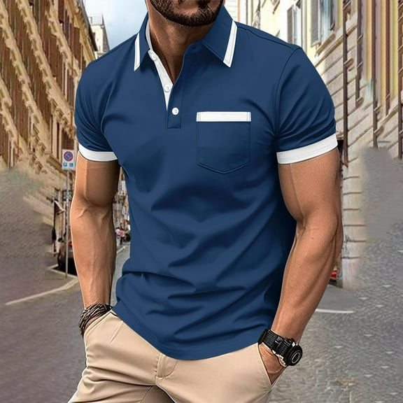 Men's Polos Short Sleeve WIth Pocket Fashion Comfy Solid Short Sleeve Turndown Collar Regular Casual Shirt