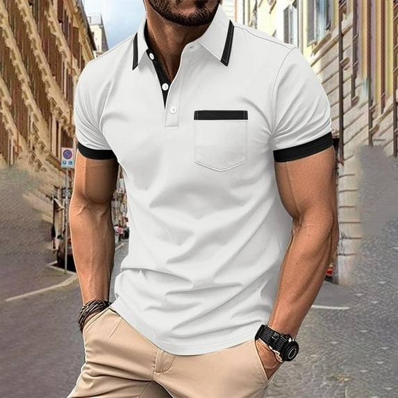 Men's Polos Short Sleeve WIth Pocket Fashion Comfy Solid Short Sleeve Turndown Collar Regular Casual Shirt