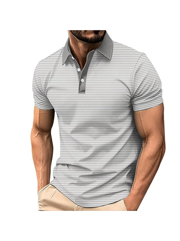 Men's Polos Striped Colorblock Golf Shirt 3-Button Collared Business Casual Summer Blouses Tops Big and Tall (3XL, Gray)
