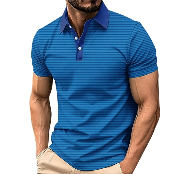 Men's Polos Striped Colorblock Golf Shirt 3-Button Collared Business Casual Summer Blouses Tops Big and Tall (M, Sky Blue)