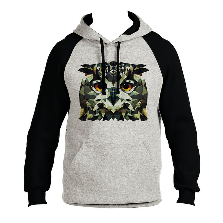 Men's Poly Geometric Owl Head B180 PLY Gray/Black Raglan Hoodie Large