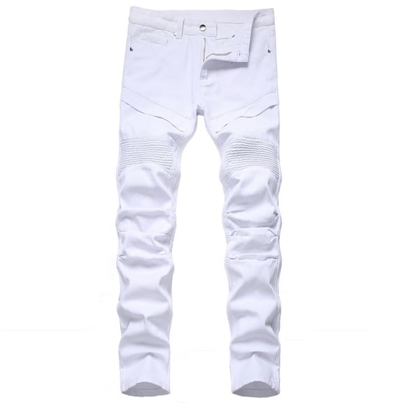 Men's Polyester Comfort Flex Waist Loose Fit Jeans High-end Stretch Light Color Trendy Slim Jeans White XS