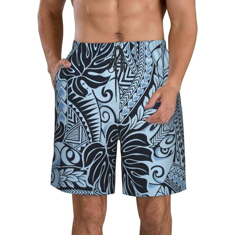 Men s Polynesian Tattoo Tapa Designs in Blue Swim Trunks Quick Dry Board Shorts Swimwear Beach Shorts Bathing Suits for Men Swimming Shorts with Mesh