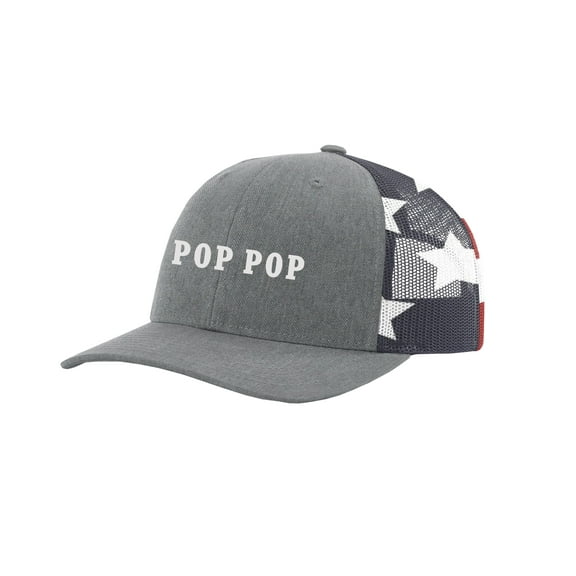 Men's Pop Pop Father's Day Custom Embroidered Mesh Back Trucker Hat, Heather Grey/American Flag