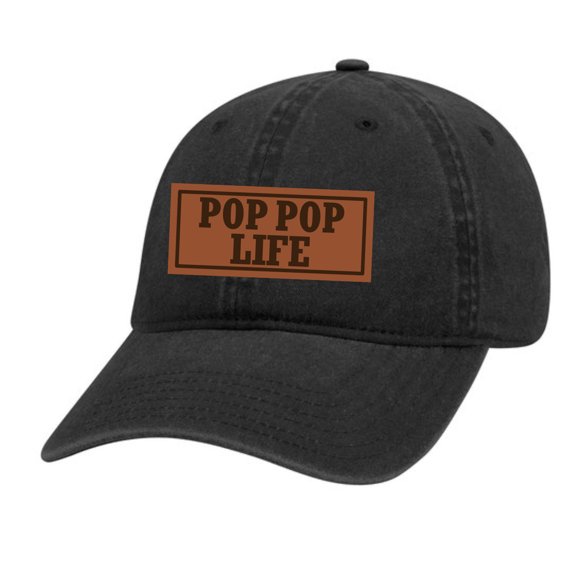 Men's Pop Pop Life Father's Day Laser Engraved Leather Patch Twill Buckle Back Hat, Black