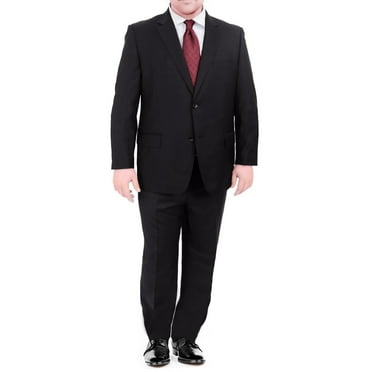 Men's Portly Fit Executive Cut Solid Black Two Button 2 Piece Wool Suit