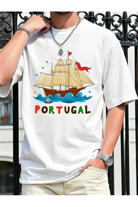 Men's Portugal National Team Soccer Jersey T-Shirt - White with Green & Red Portugal Text & Soccer Ball Logo, Comfort Fit Short Sleeve, Fan Apparel for Portugal Matches, Casual