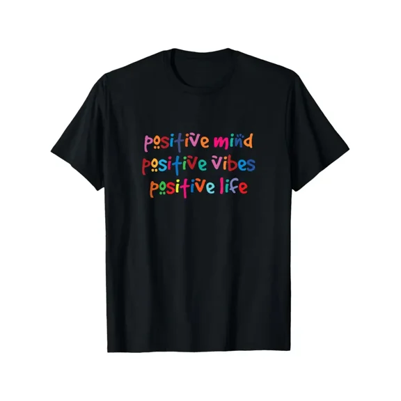 Men's Positive Mind Positive Vibes Positive Life T-Shirt - Black with Multicolor Motivational Print, Short Sleeve Round Neck Casual Tee, Inspirational ffirmation Shirt for
