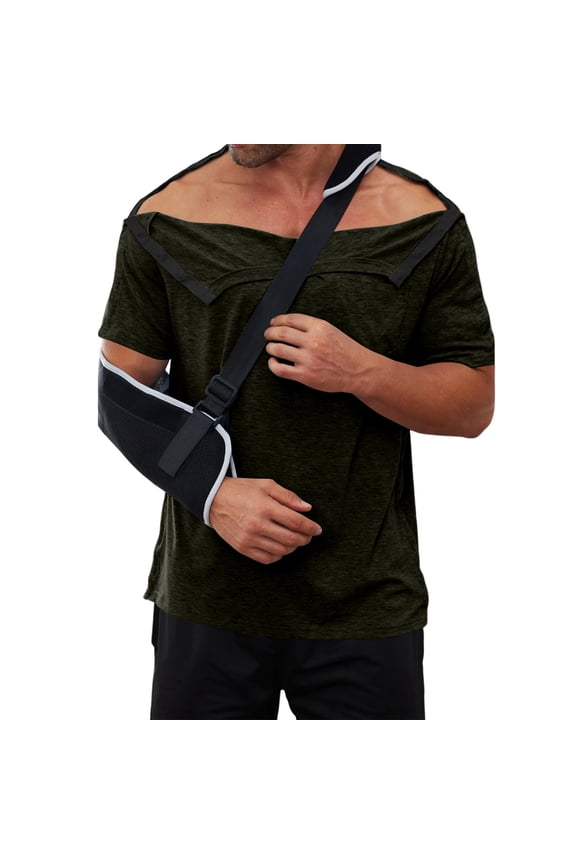 Men's Post Shoulder Surgery Recovery Shirts Full Tear Away Short Sleeve Snap Chemo Port Access Shirt Army Green S