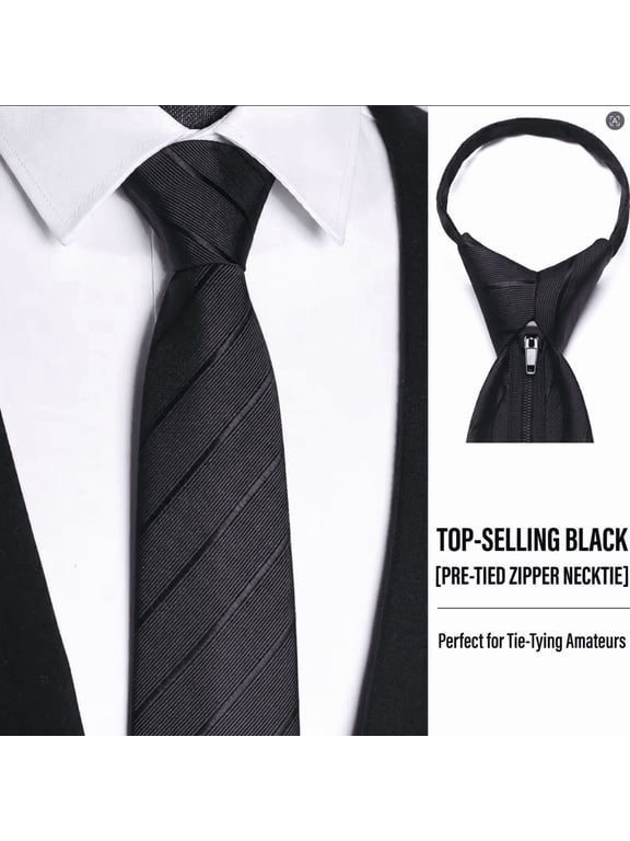Men's Pre-tied Black Zipper Tie - No Knot Easy to Wear, Solid Twill Woven Ribbed Texture, Formal Business Dress Tie for Men Black Stripes