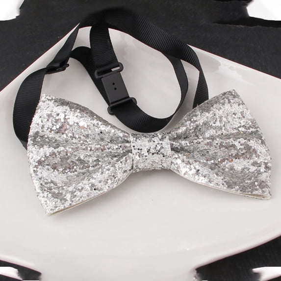 Men's Pre-tied Bow Tie, Adjustable Glitter Bowtie for Weddings and Prom, PU Sequin Bow Tie for Formal Party, Groom Tuxedo Accessories-Silver
