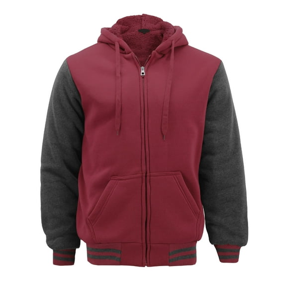 Men's Premium Athletic Soft Sherpa Lined Fleece Zip Up Hoodie Sweater Jacket (Burgundy / Charcoal, L)
