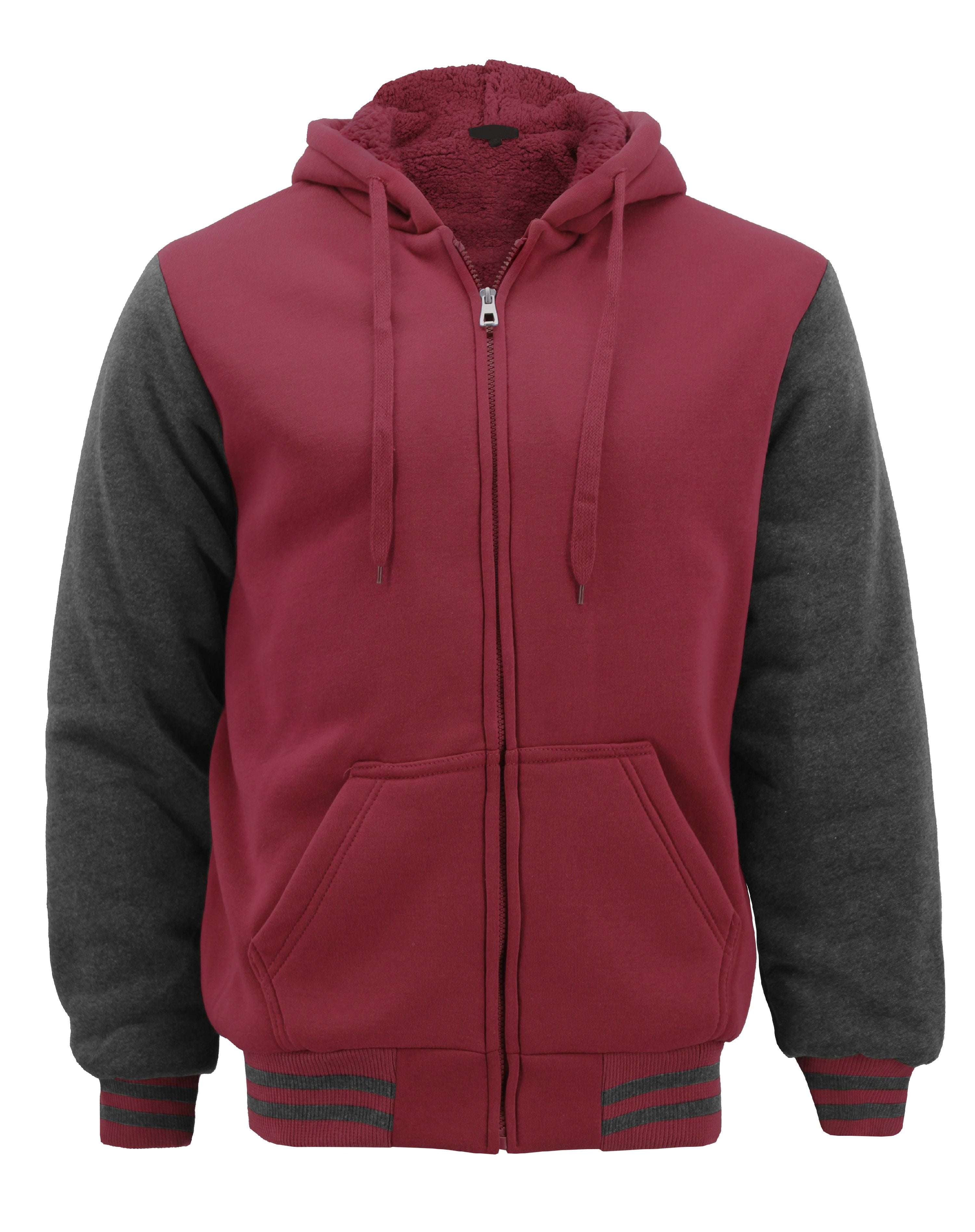Men s Premium Athletic Soft Sherpa Lined Fleece Zip Up Hoodie Sweater Jacket Burgundy Charcoal S